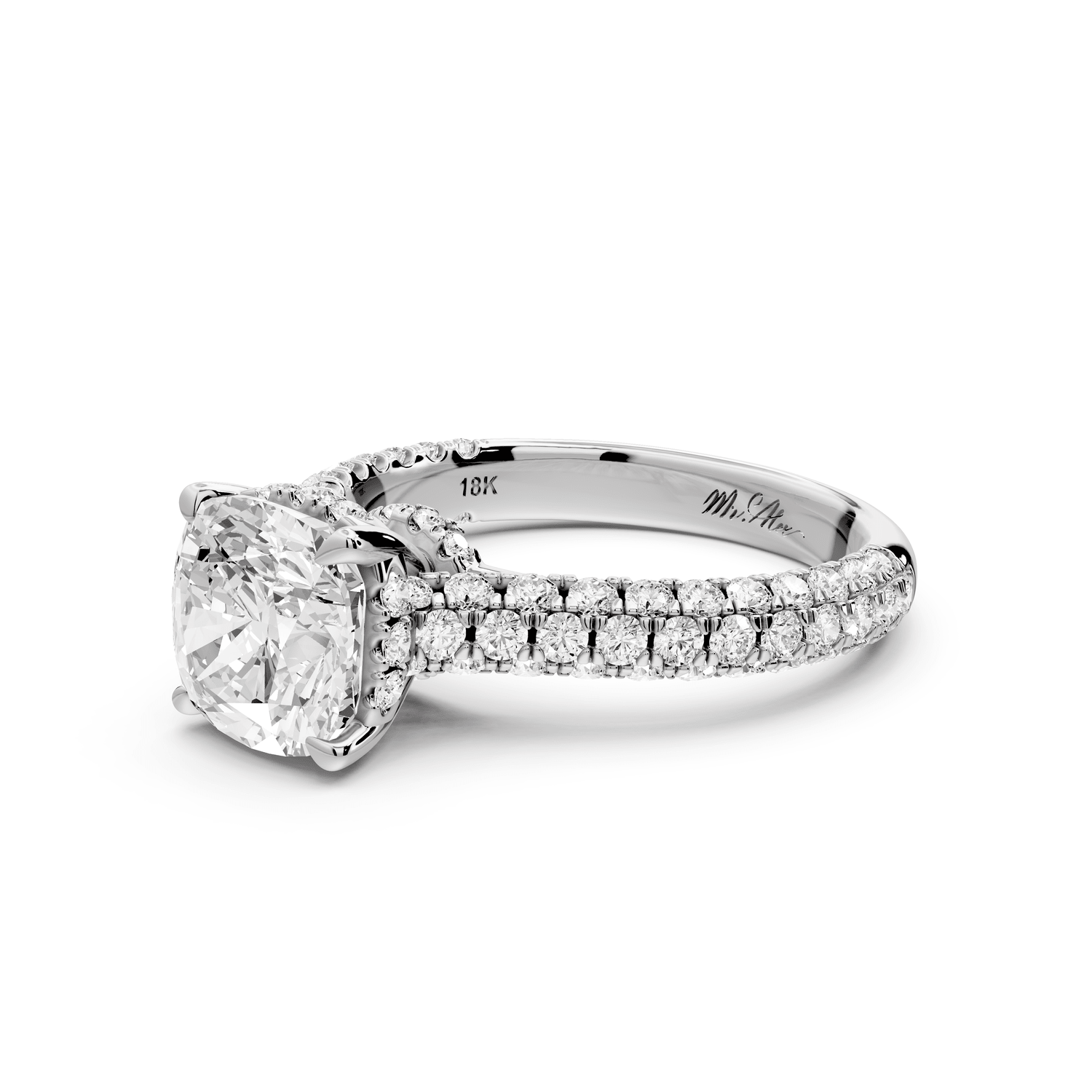Amoria - 2ct platinum cushion Diamond Engagement Ring with Pavé Band & Hidden Halo - Mr. Alex Jewelry