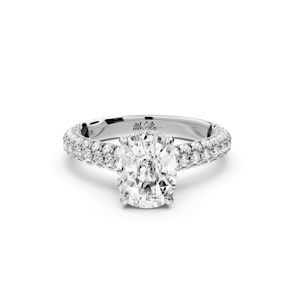 Amoria - 2ct platinum ecushion Diamond Engagement Ring with Pavé Band & Hidden Halo - Mr. Alex Jewelry