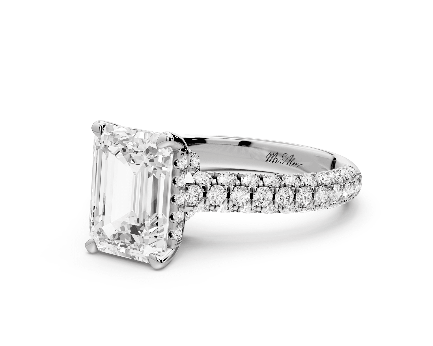 Amoria - 2ct platinum emerald Diamond Engagement Ring with Pavé Band & Hidden Halo - Mr. Alex Jewelry