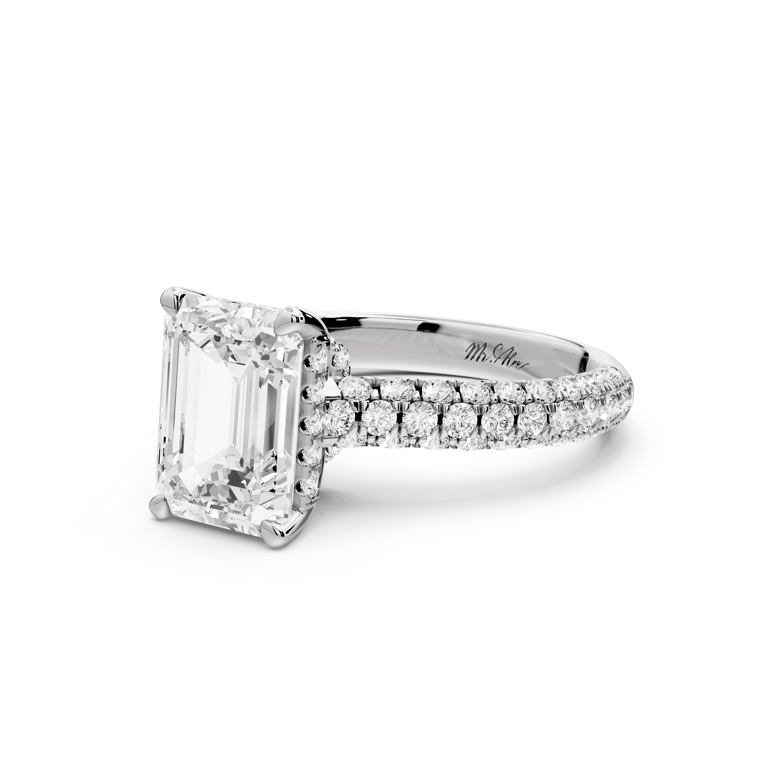 Amoria - 2ct platinum emerald Diamond Engagement Ring with Pavé Band & Hidden Halo - Mr. Alex Jewelry