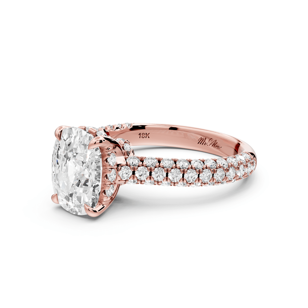 Amoria - 3ct 14k rose gold ecushion Diamond Engagement Ring with Pavé Band & Hidden Halo - Mr. Alex Jewelry