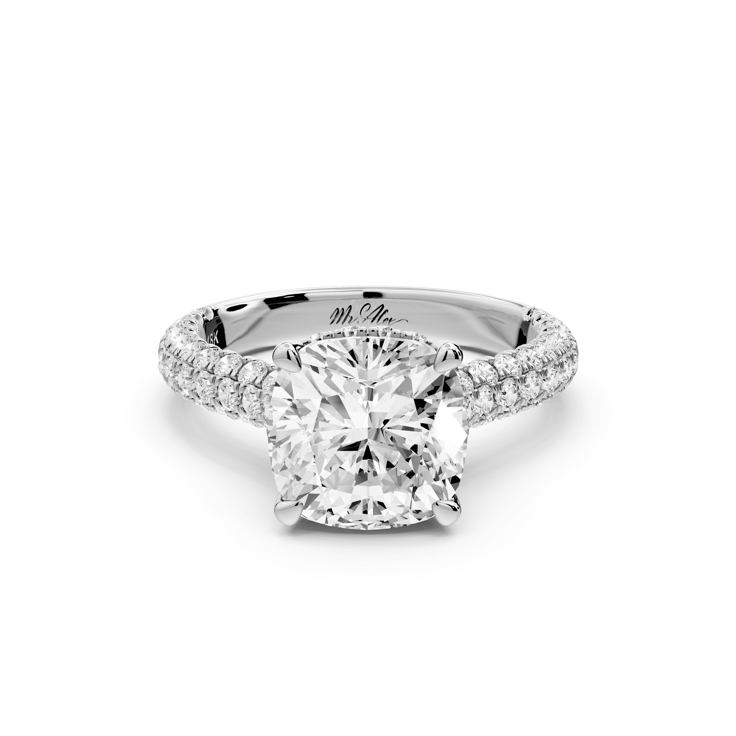 Amoria - 3ct 14k white gold cushion Diamond Engagement Ring with Pavé Band & Hidden Halo - Mr. Alex Jewelry