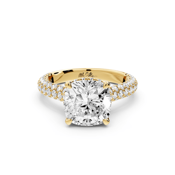 Amoria - 3ct 14k yellow gold cushion Diamond Engagement Ring with Pavé Band & Hidden Halo - Mr. Alex Jewelry