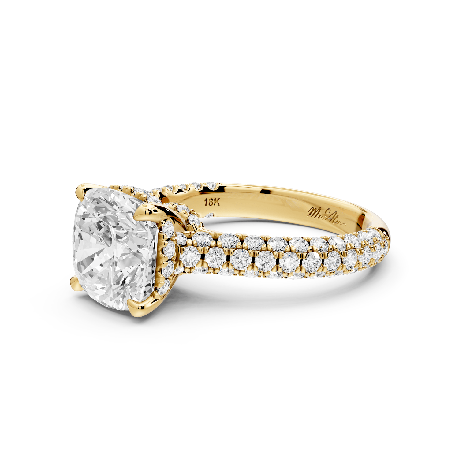 Amoria - 3ct 14k yellow gold cushion Diamond Engagement Ring with Pavé Band & Hidden Halo - Mr. Alex Jewelry