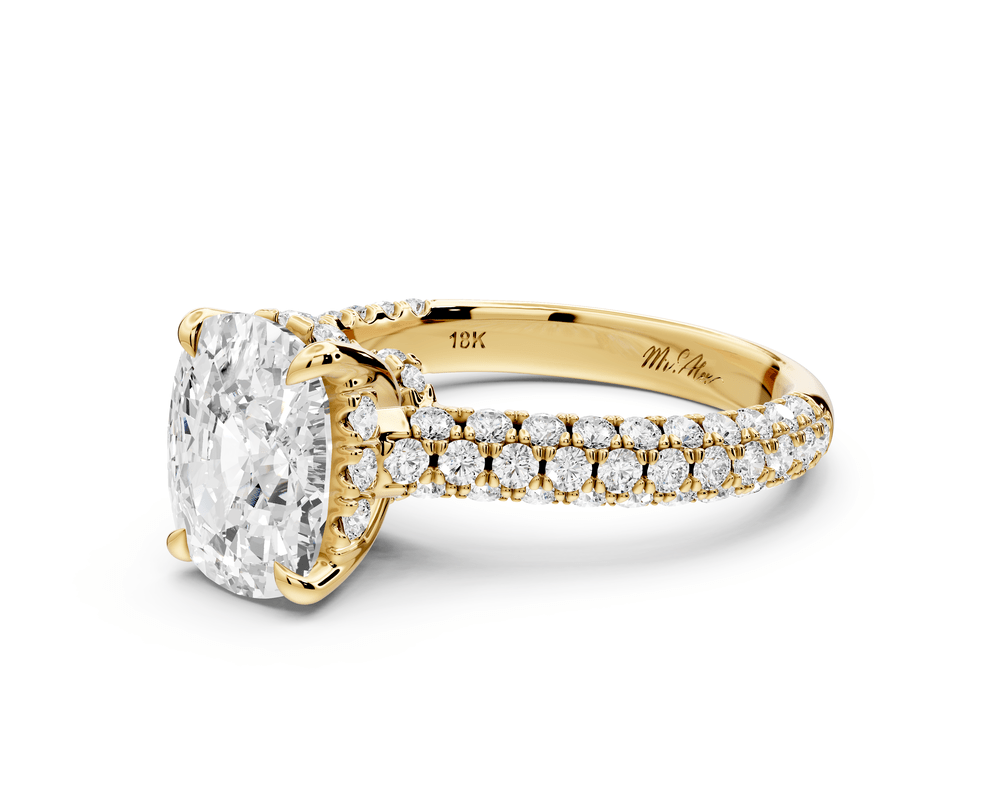 Amoria - 3ct 14k yellow gold ecushion Diamond Engagement Ring with Pavé Band & Hidden Halo - Mr. Alex Jewelry