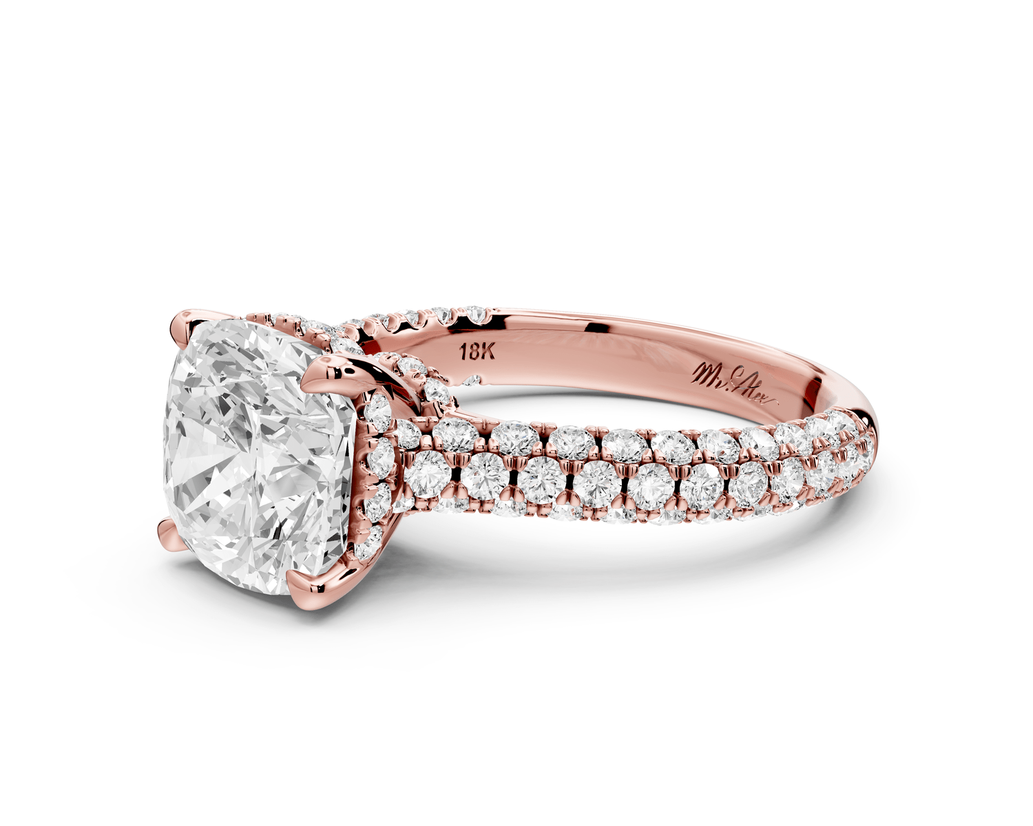 Amoria - 3ct 18k rose gold cushion Diamond Engagement Ring with Pavé Band & Hidden Halo - Mr. Alex Jewelry