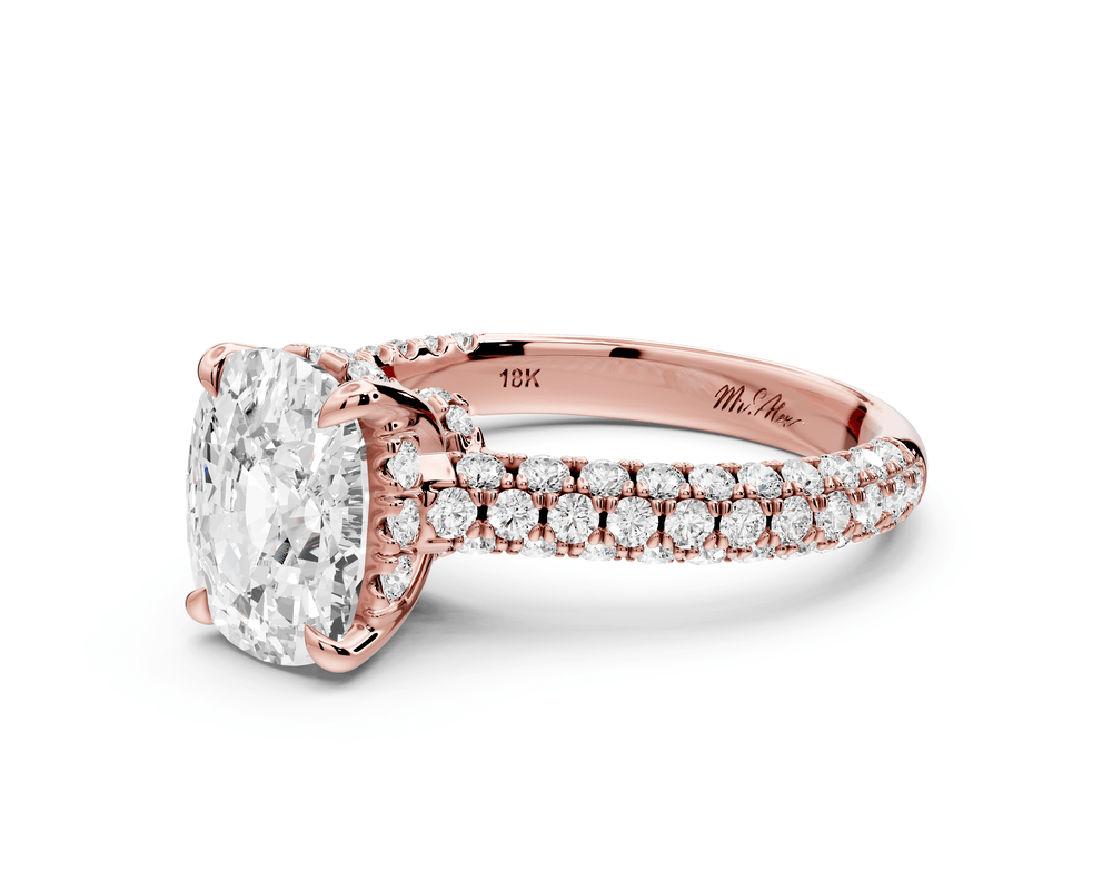 Amoria - 3ct 18k rose gold ecushion Diamond Engagement Ring with Pavé Band & Hidden Halo - Mr. Alex Jewelry