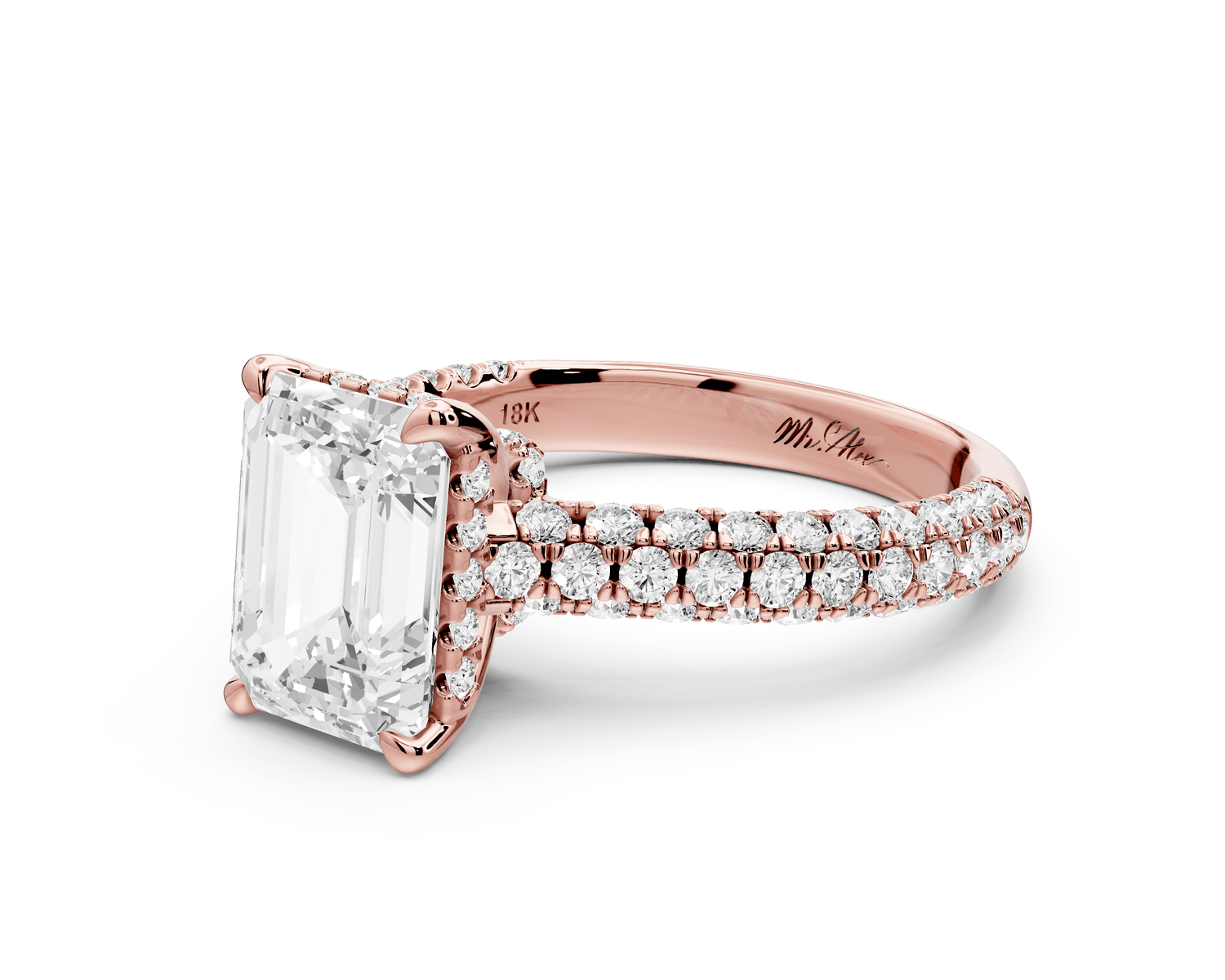 Amoria - 3ct 18k rose gold emerald Diamond Engagement Ring with Pavé Band & Hidden Halo - Mr. Alex Jewelry