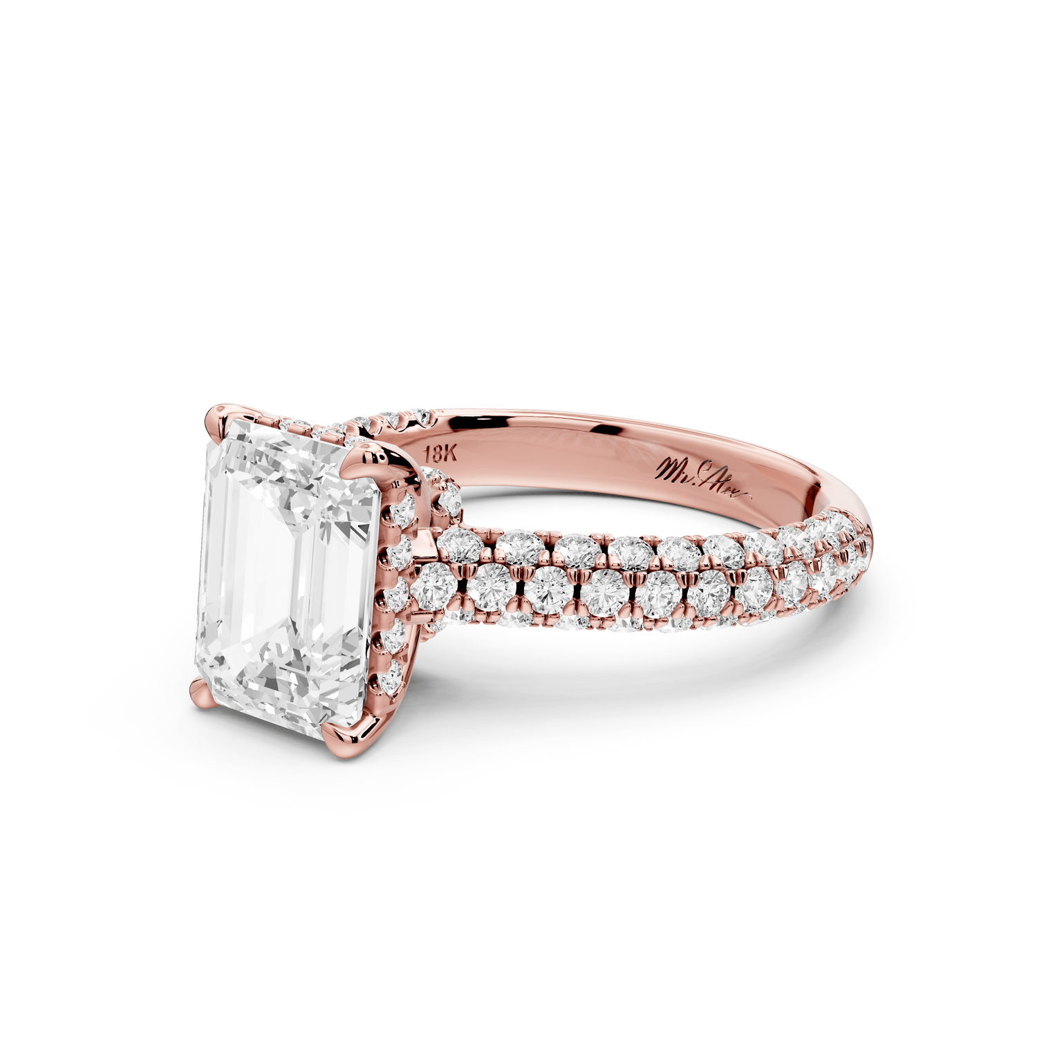Amoria - 3ct 18k rose gold emerald Diamond Engagement Ring with Pavé Band & Hidden Halo - Mr. Alex Jewelry
