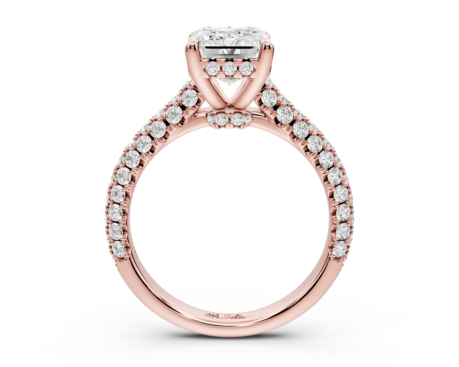 Amoria - 3ct 18k rose gold emerald Diamond Engagement Ring with Pavé Band & Hidden Halo - Mr. Alex Jewelry