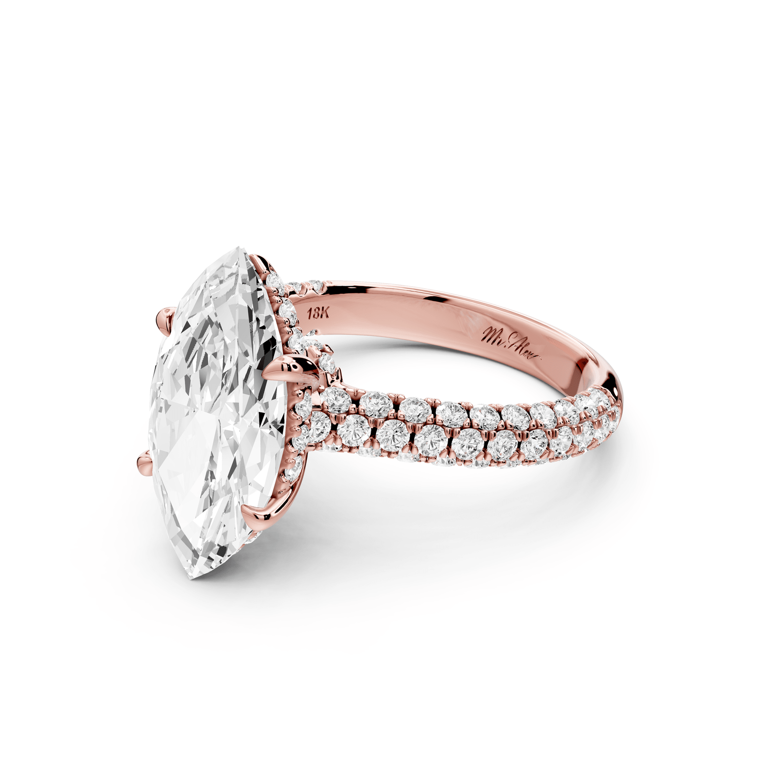 Amoria - 3ct 18k rose gold marquise Diamond Engagement Ring with Pavé Band & Hidden Halo - Mr. Alex Jewelry