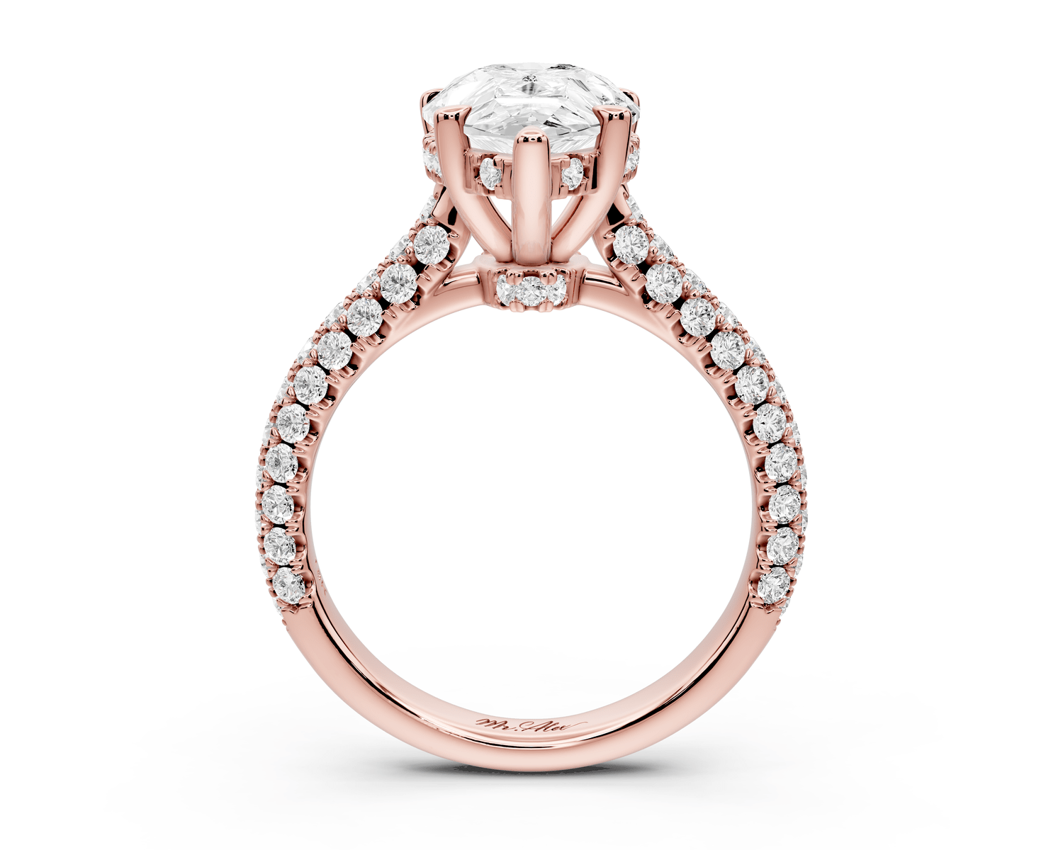 Amoria - 3ct 18k rose gold pear Diamond Engagement Ring with Pavé Band & Hidden Halo - Mr. Alex Jewelry