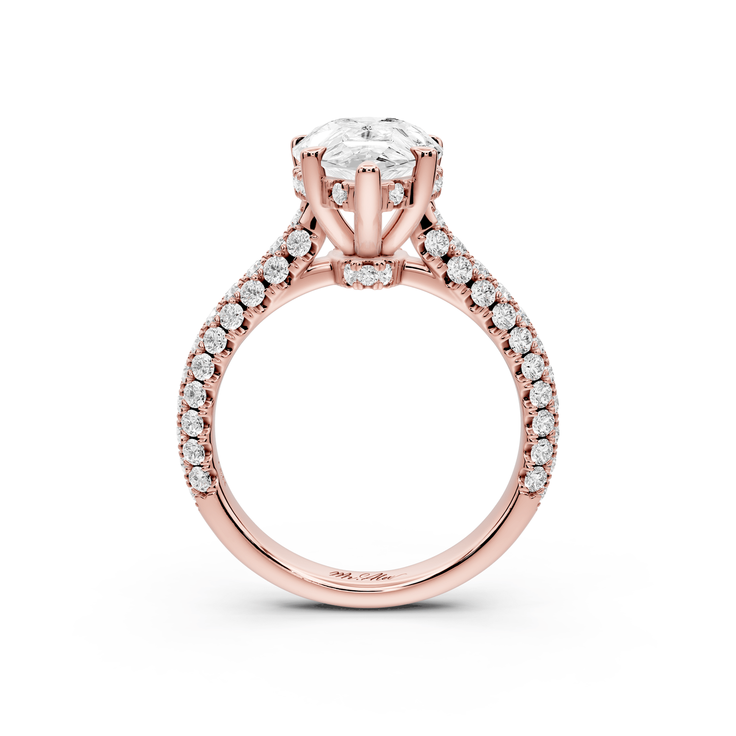 Amoria - 3ct 18k rose gold pear Diamond Engagement Ring with Pavé Band & Hidden Halo - Mr. Alex Jewelry