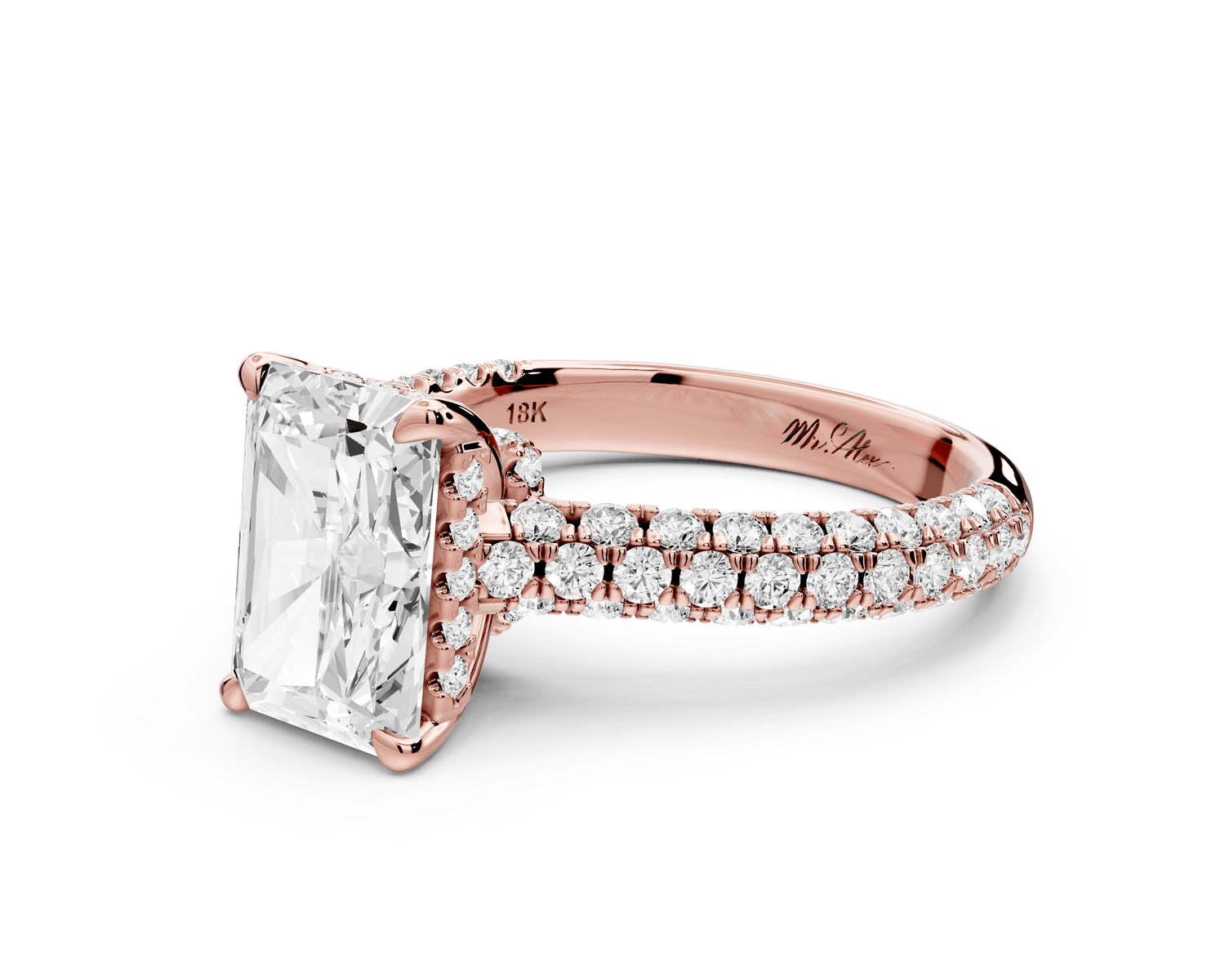 Amoria - 3ct 18k rose gold radiant Diamond Engagement Ring with Pavé Band & Hidden Halo - Mr. Alex Jewelry
