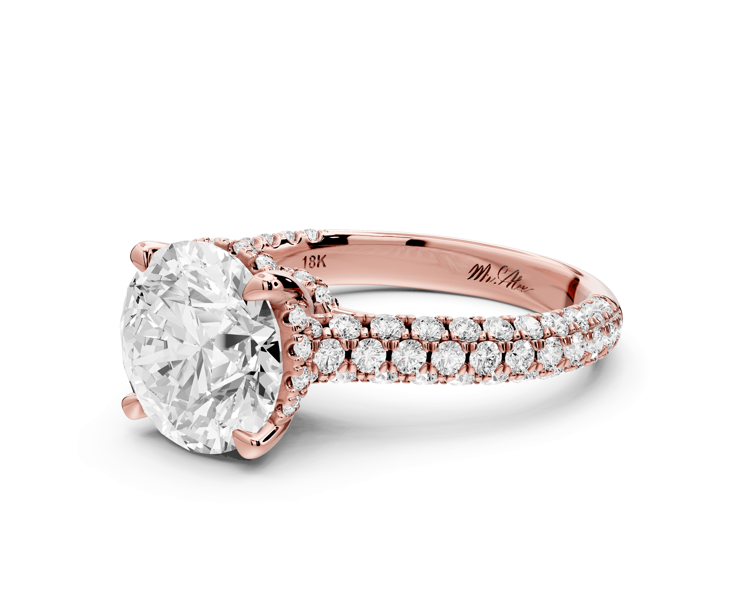 Amoria - 3ct 18k rose gold round Diamond Engagement Ring with Pavé Band & Hidden Halo - Mr. Alex Jewelry