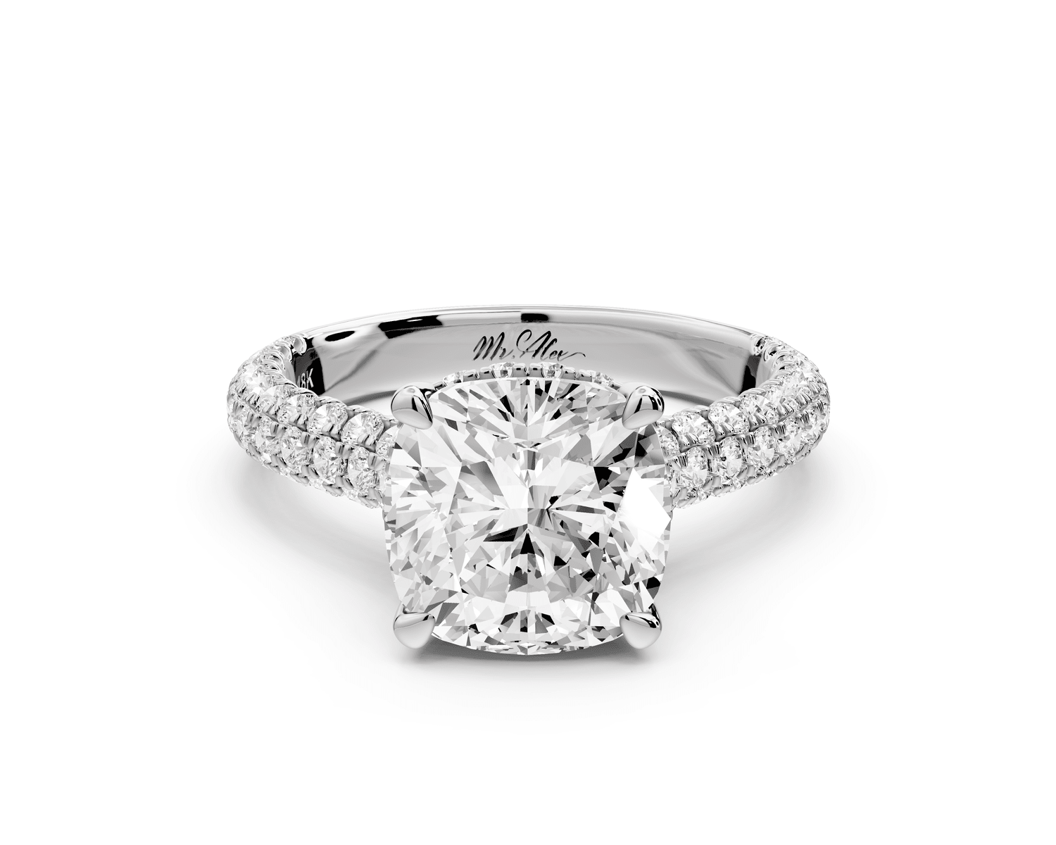 Amoria - 3ct 18k white gold cushion Diamond Engagement Ring with Pavé Band & Hidden Halo - Mr. Alex Jewelry