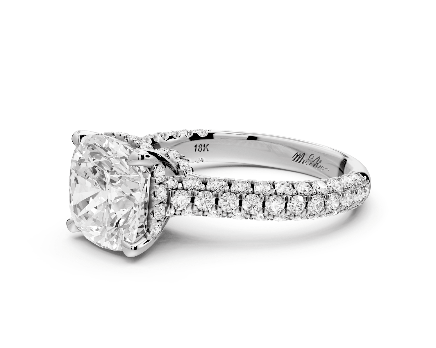 Amoria - 3ct 18k white gold cushion Diamond Engagement Ring with Pavé Band & Hidden Halo - Mr. Alex Jewelry