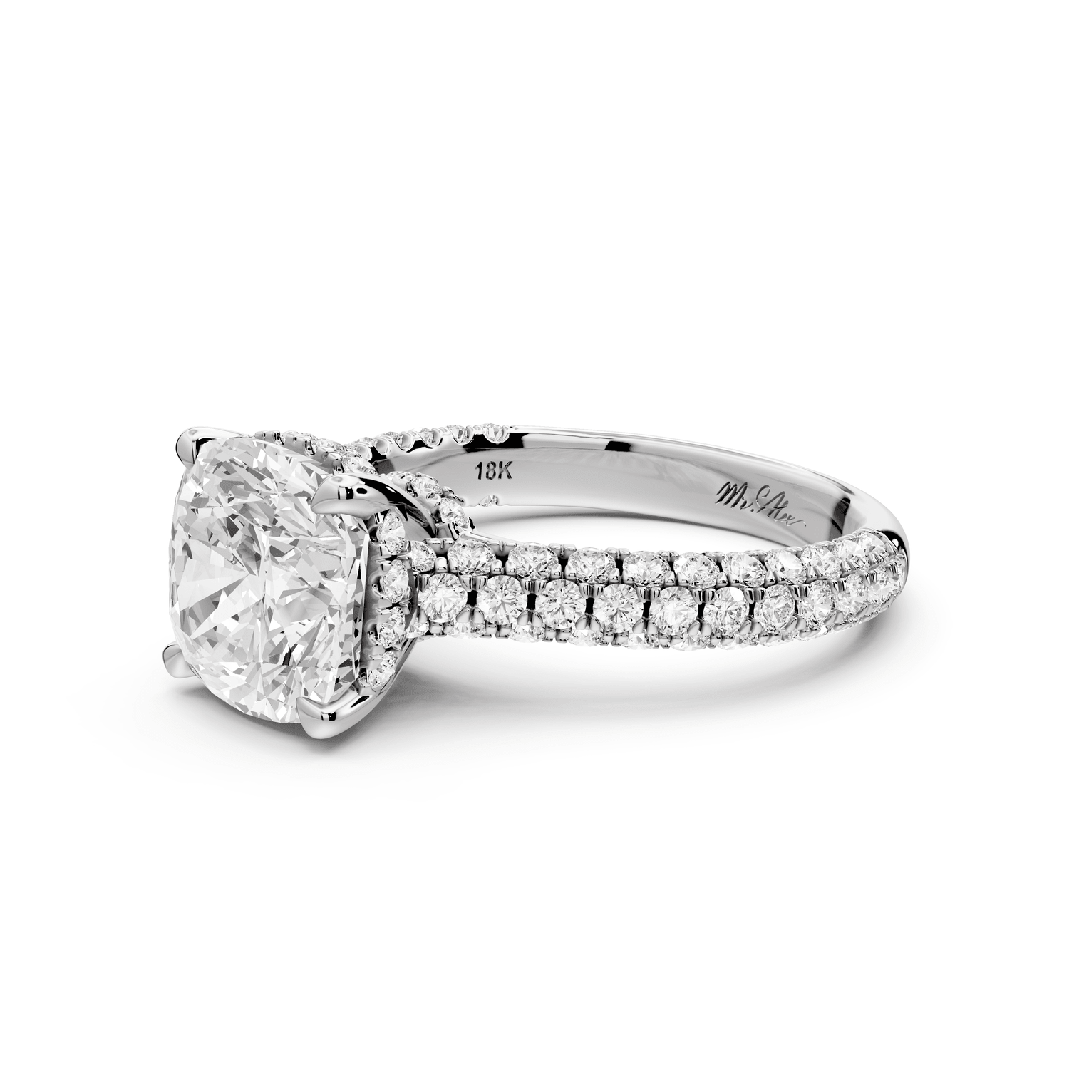 Amoria - 3ct 18k white gold cushion Diamond Engagement Ring with Pavé Band & Hidden Halo - Mr. Alex Jewelry