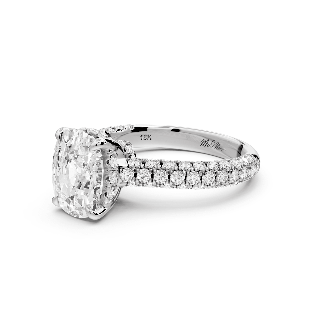 Amoria - 3ct 18k white gold ecushion Diamond Engagement Ring with Pavé Band & Hidden Halo - Mr. Alex Jewelry