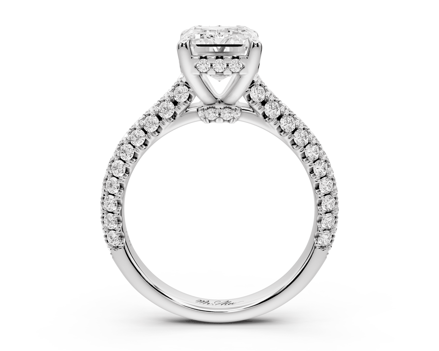 Amoria - 3ct 18k white gold emerald Diamond Engagement Ring with Pavé Band & Hidden Halo - Mr. Alex Jewelry