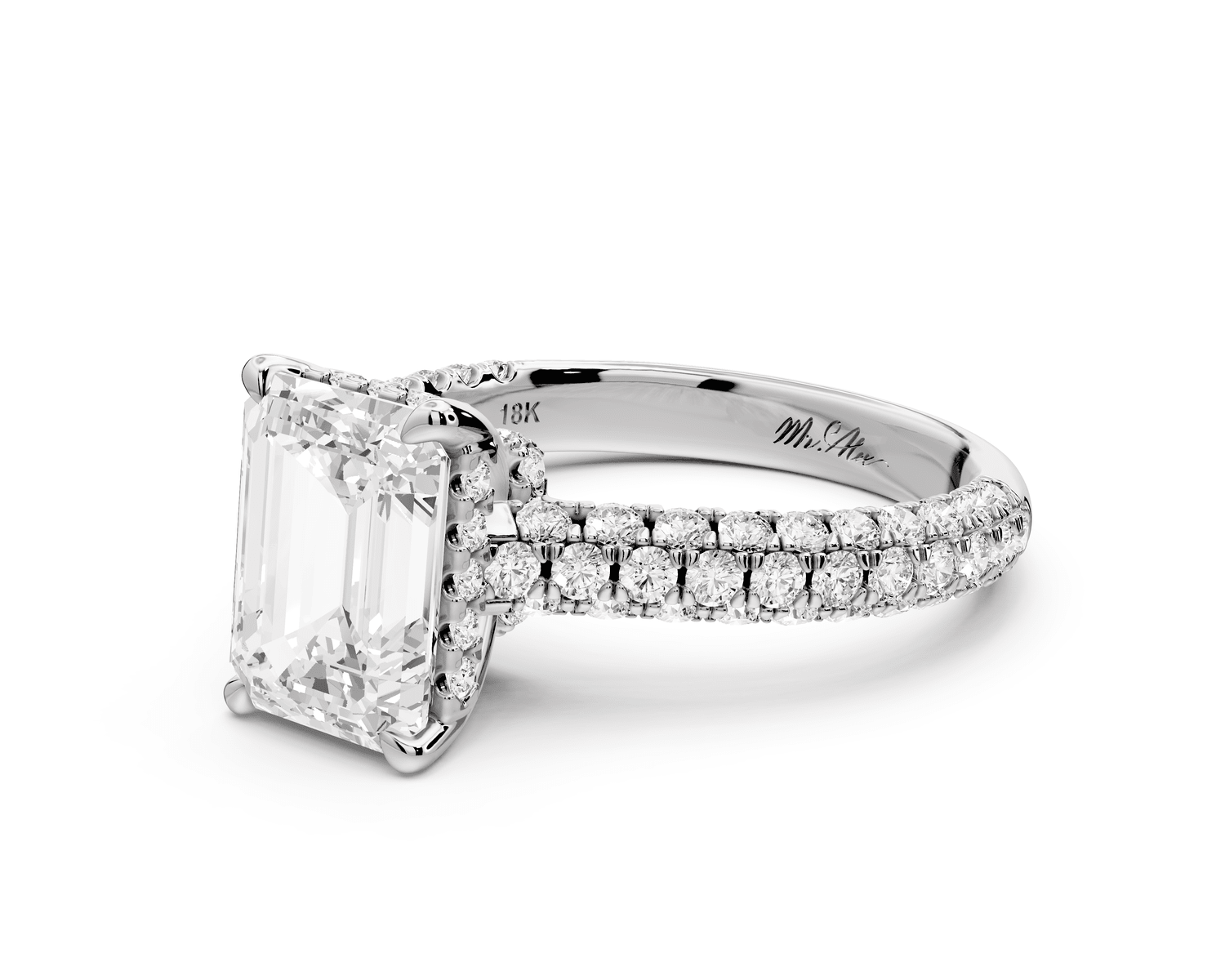 Amoria - 3ct 18k white gold emerald Diamond Engagement Ring with Pavé Band & Hidden Halo - Mr. Alex Jewelry