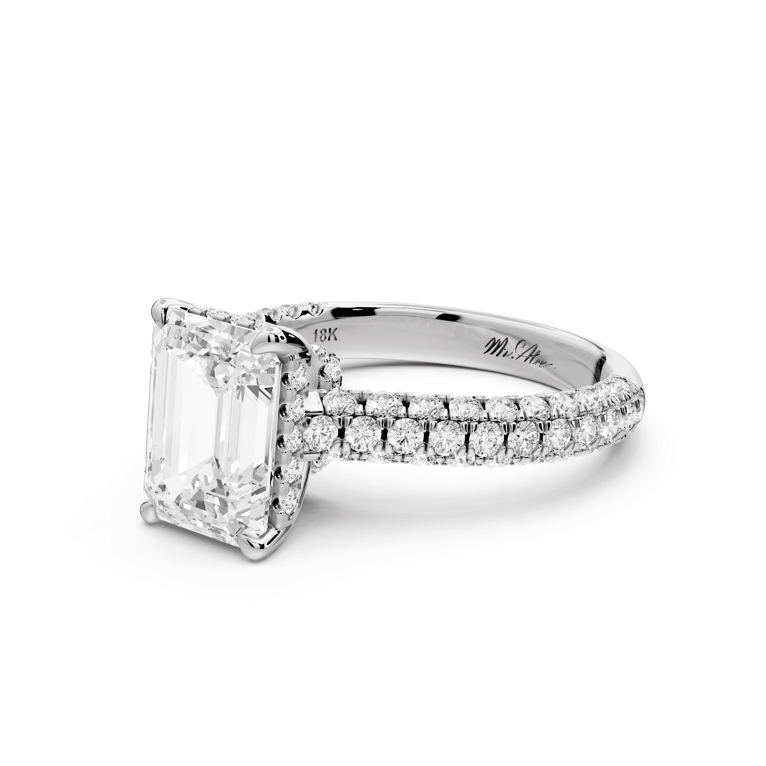 Amoria - 3ct 18k white gold emerald Diamond Engagement Ring with Pavé Band & Hidden Halo - Mr. Alex Jewelry