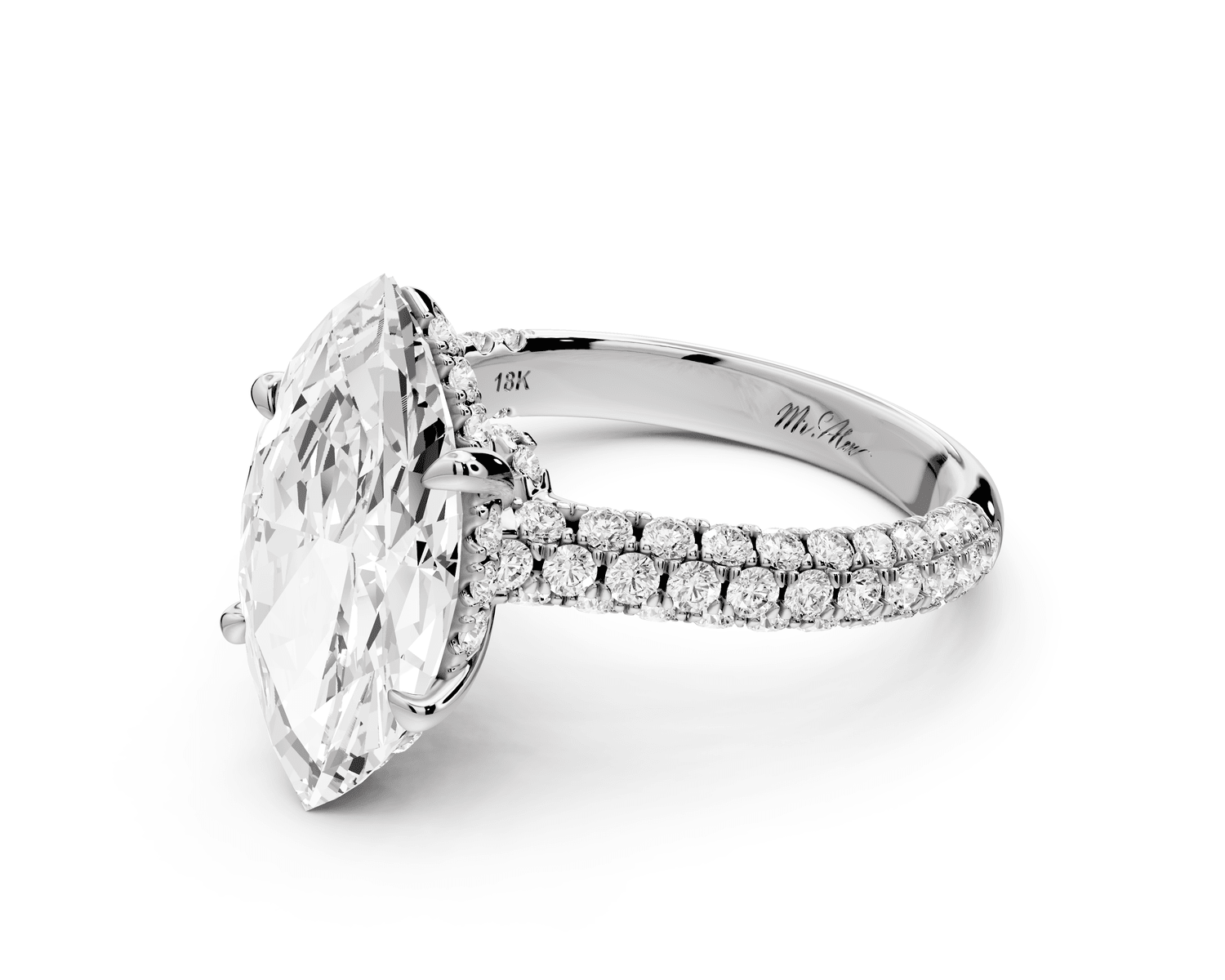 Amoria - 3ct 18k white gold marquise Diamond Engagement Ring with Pavé Band & Hidden Halo - Mr. Alex Jewelry