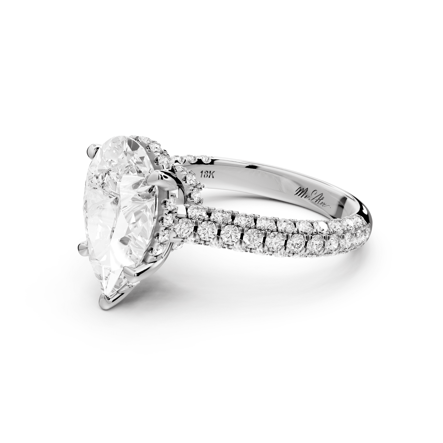 Amoria - 3ct 18k white gold pear Diamond Engagement Ring with Pavé Band & Hidden Halo - Mr. Alex Jewelry