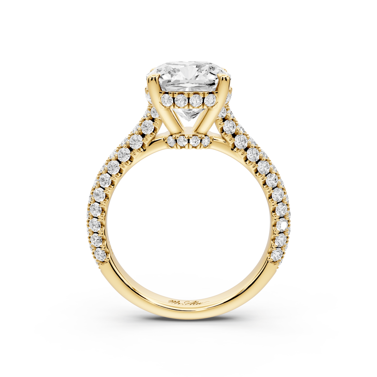 Amoria - 3ct 18k yellow gold cushion Diamond Engagement Ring with Pavé Band & Hidden Halo - Mr. Alex Jewelry