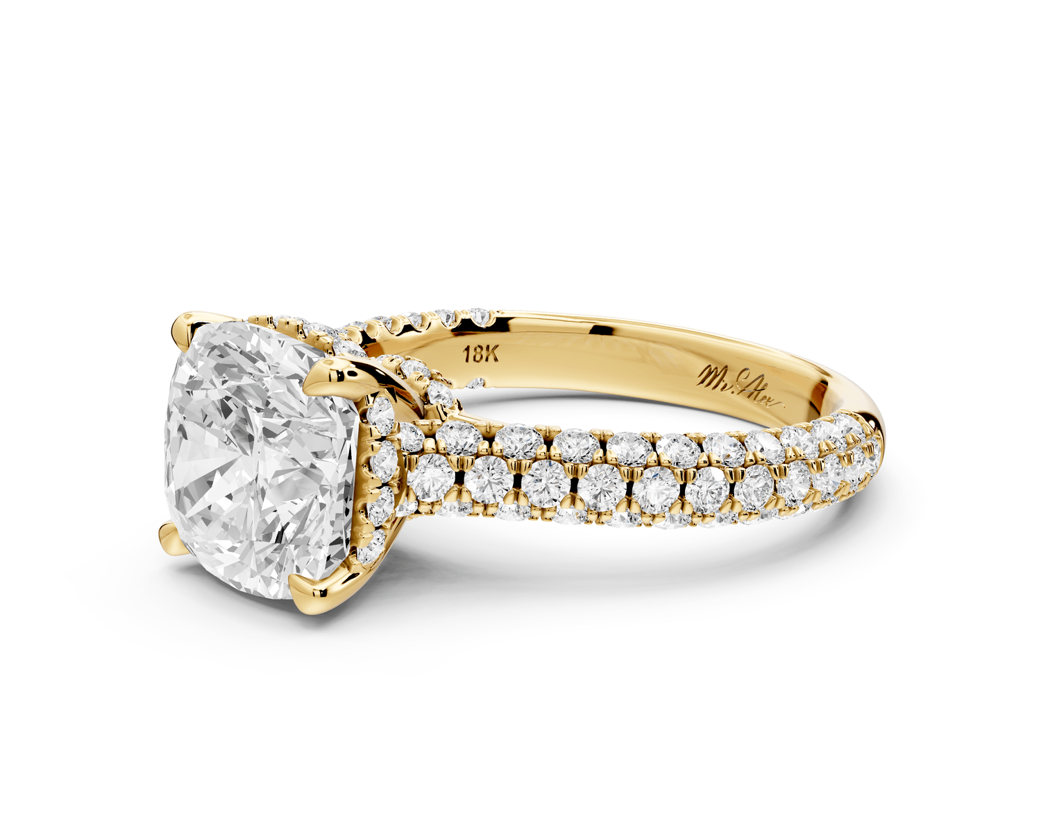 Amoria - 3ct 18k yellow gold cushion Diamond Engagement Ring with Pavé Band & Hidden Halo - Mr. Alex Jewelry