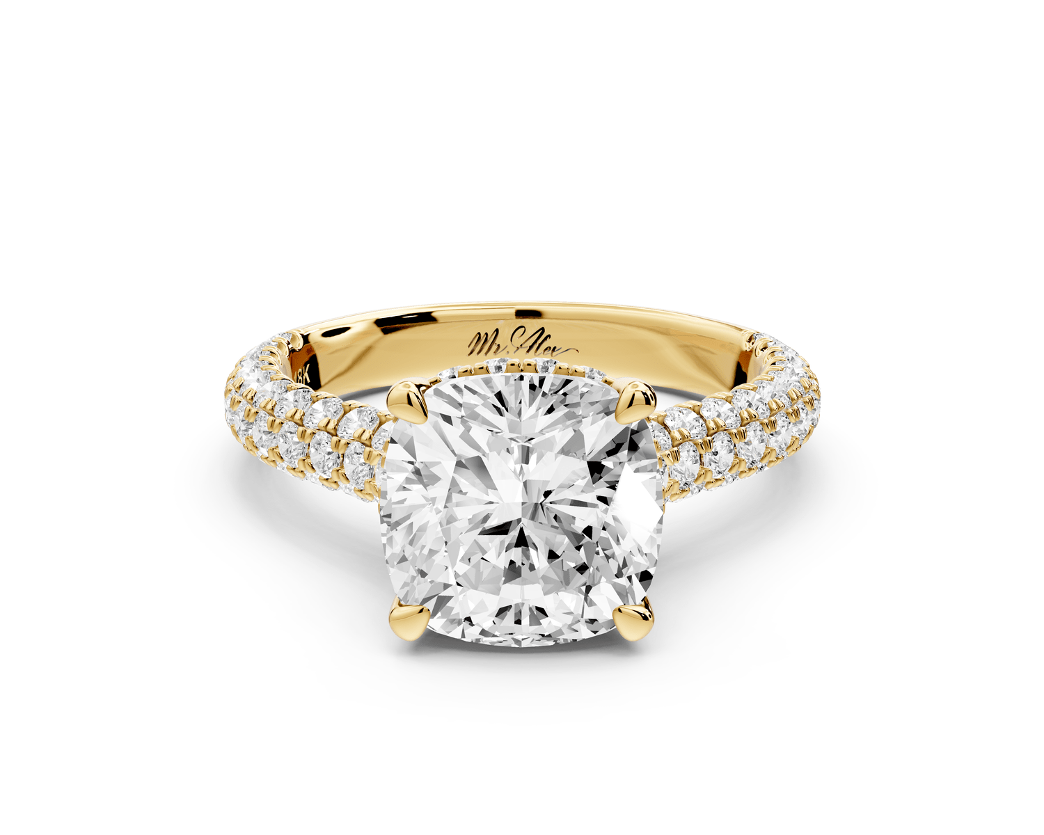 Amoria - 3ct 18k yellow gold cushion Diamond Engagement Ring with Pavé Band & Hidden Halo - Mr. Alex Jewelry