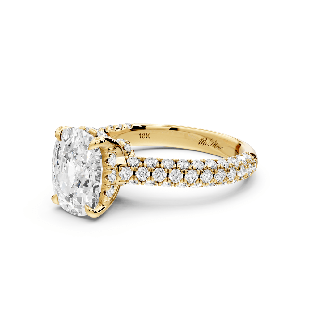 Amoria - 3ct 18k yellow gold ecushion Diamond Engagement Ring with Pavé Band & Hidden Halo - Mr. Alex Jewelry