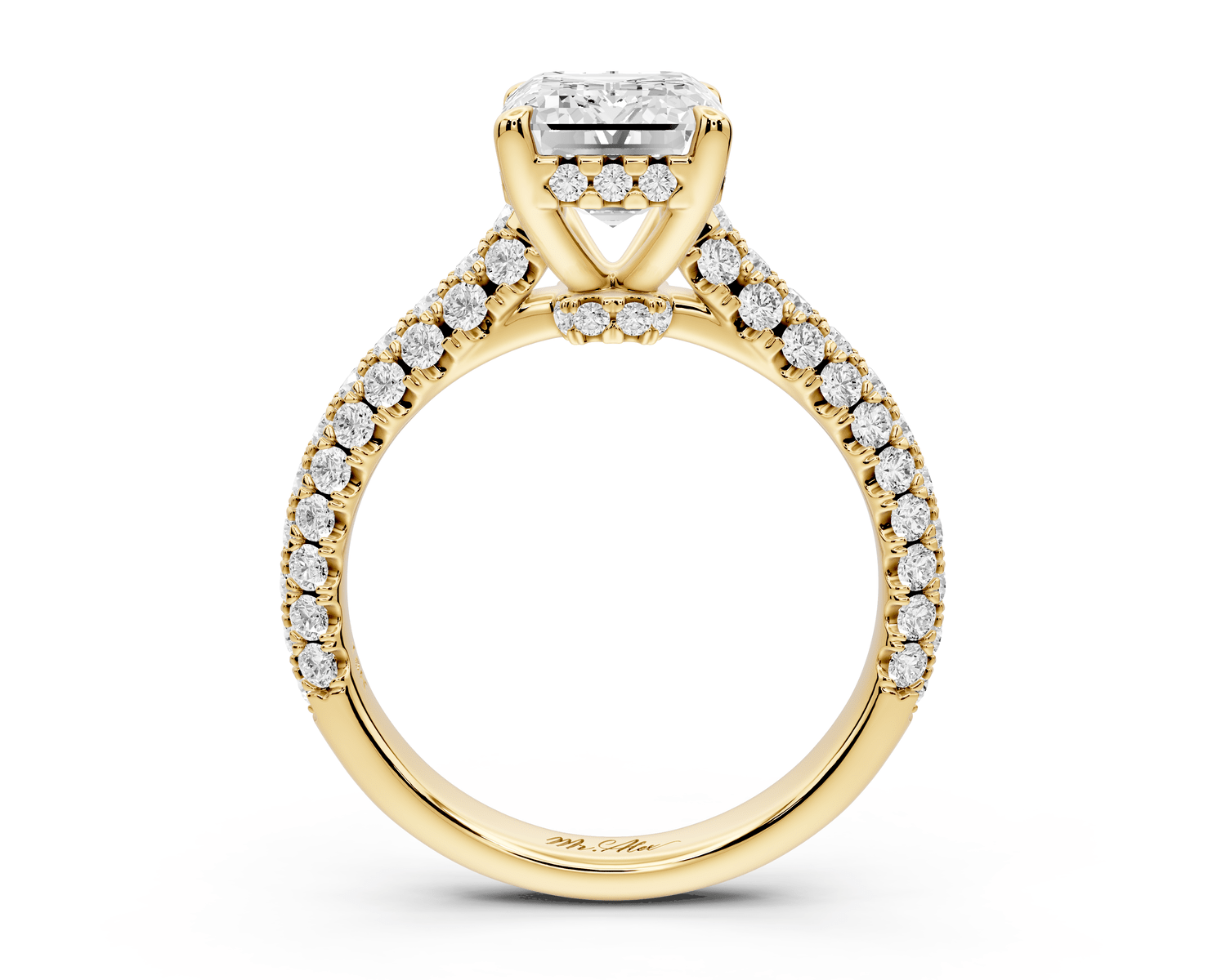 Amoria - 3ct 18k yellow gold emerald Diamond Engagement Ring with Pavé Band & Hidden Halo - Mr. Alex Jewelry