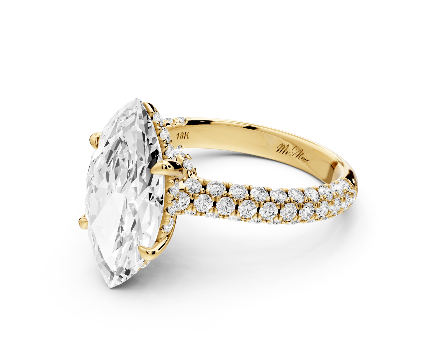 Amoria - 3ct 18k yellow gold marquise Diamond Engagement Ring with Pavé Band & Hidden Halo - Mr. Alex Jewelry