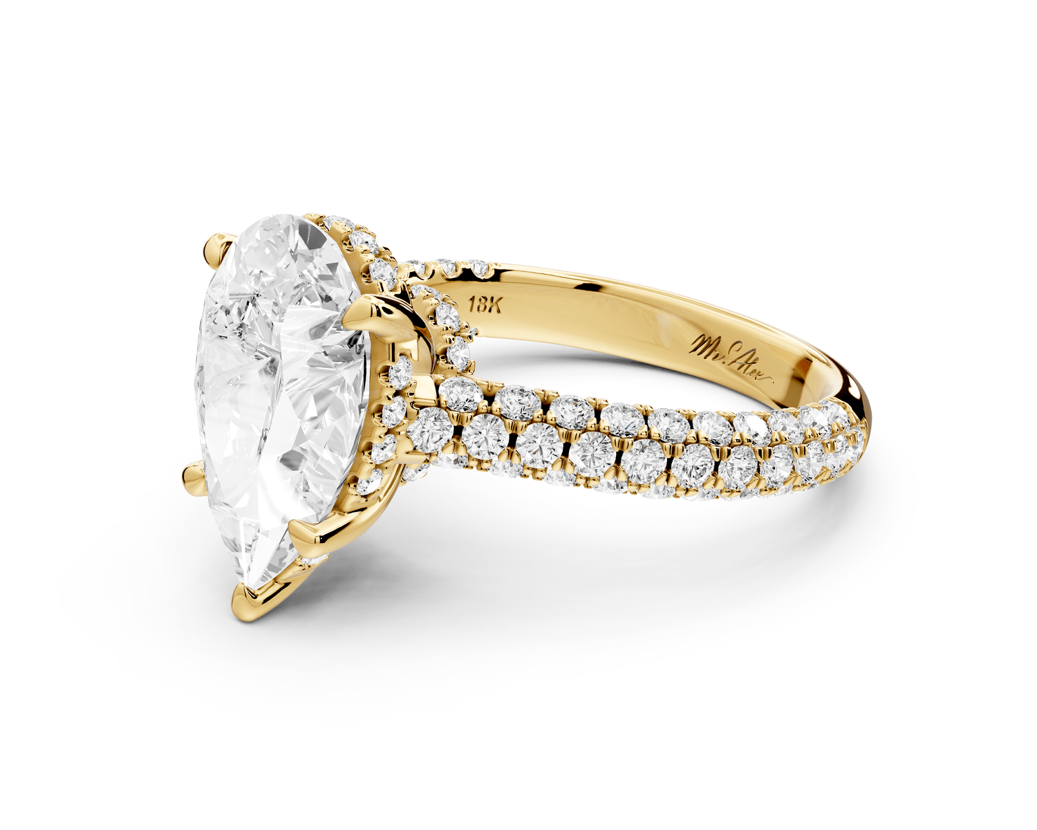 Amoria - 3ct 18k yellow gold pear Diamond Engagement Ring with Pavé Band & Hidden Halo - Mr. Alex Jewelry