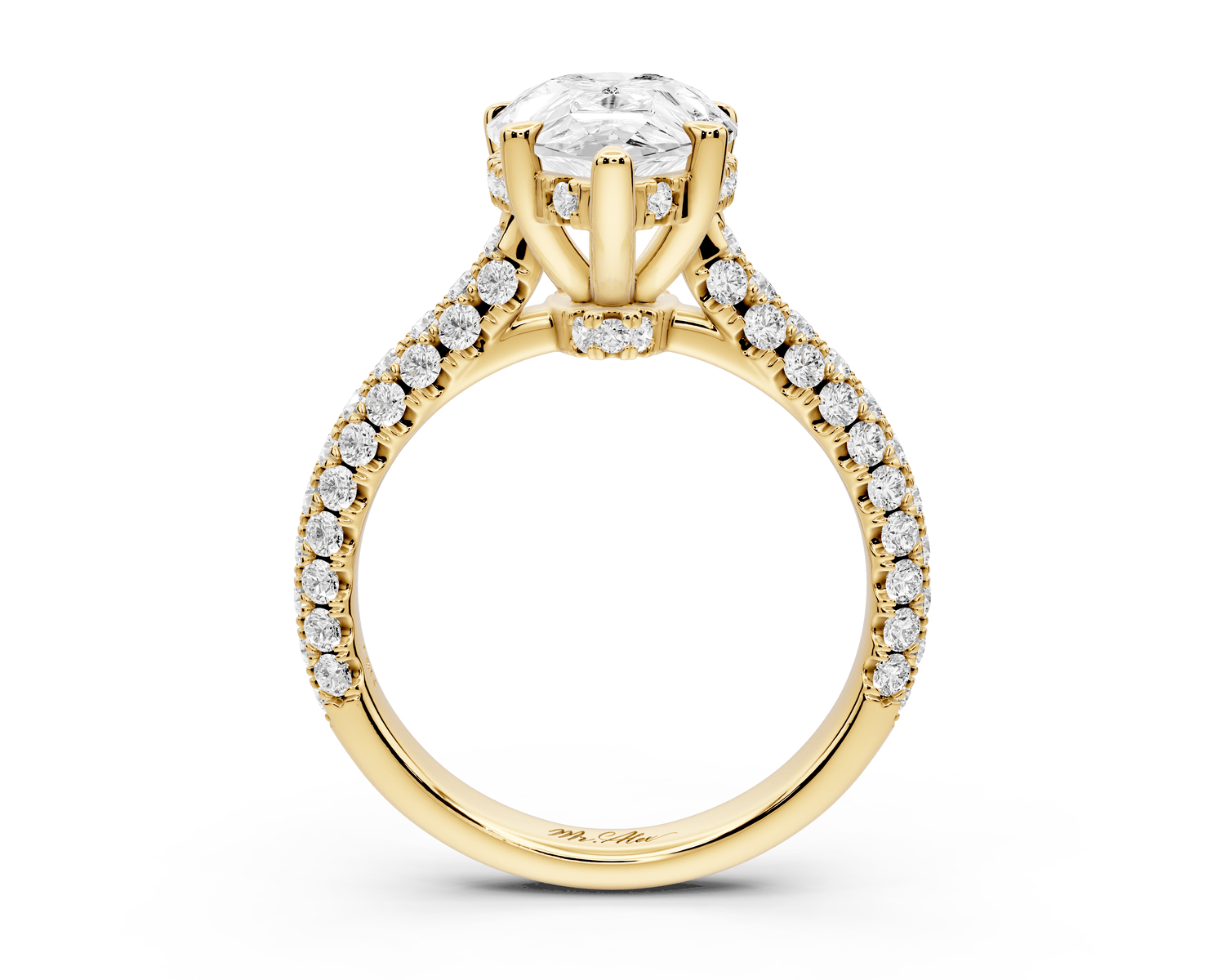 Amoria - 3ct 18k yellow gold pear Diamond Engagement Ring with Pavé Band & Hidden Halo - Mr. Alex Jewelry