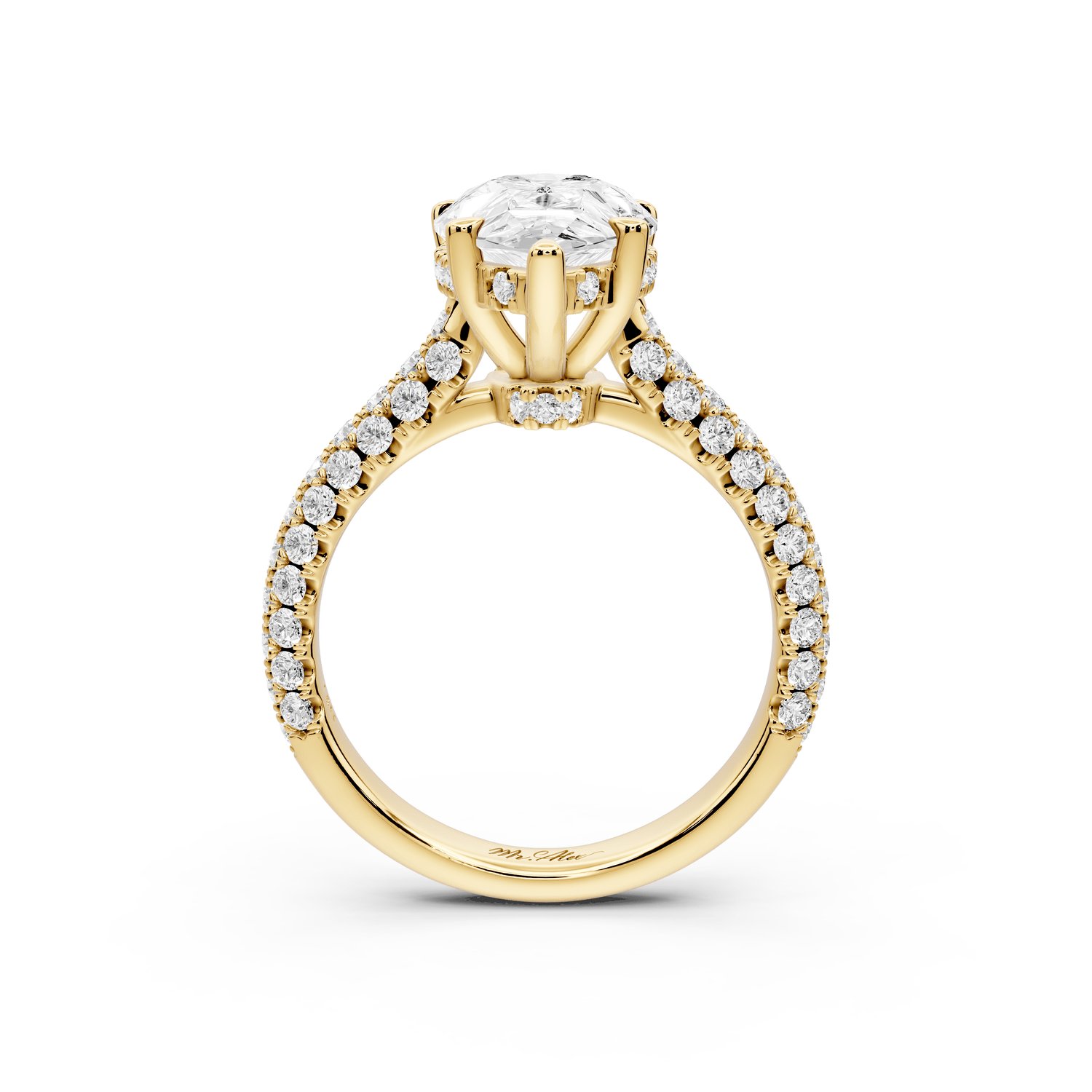 Amoria - 3ct 18k yellow gold pear Diamond Engagement Ring with Pavé Band & Hidden Halo - Mr. Alex Jewelry