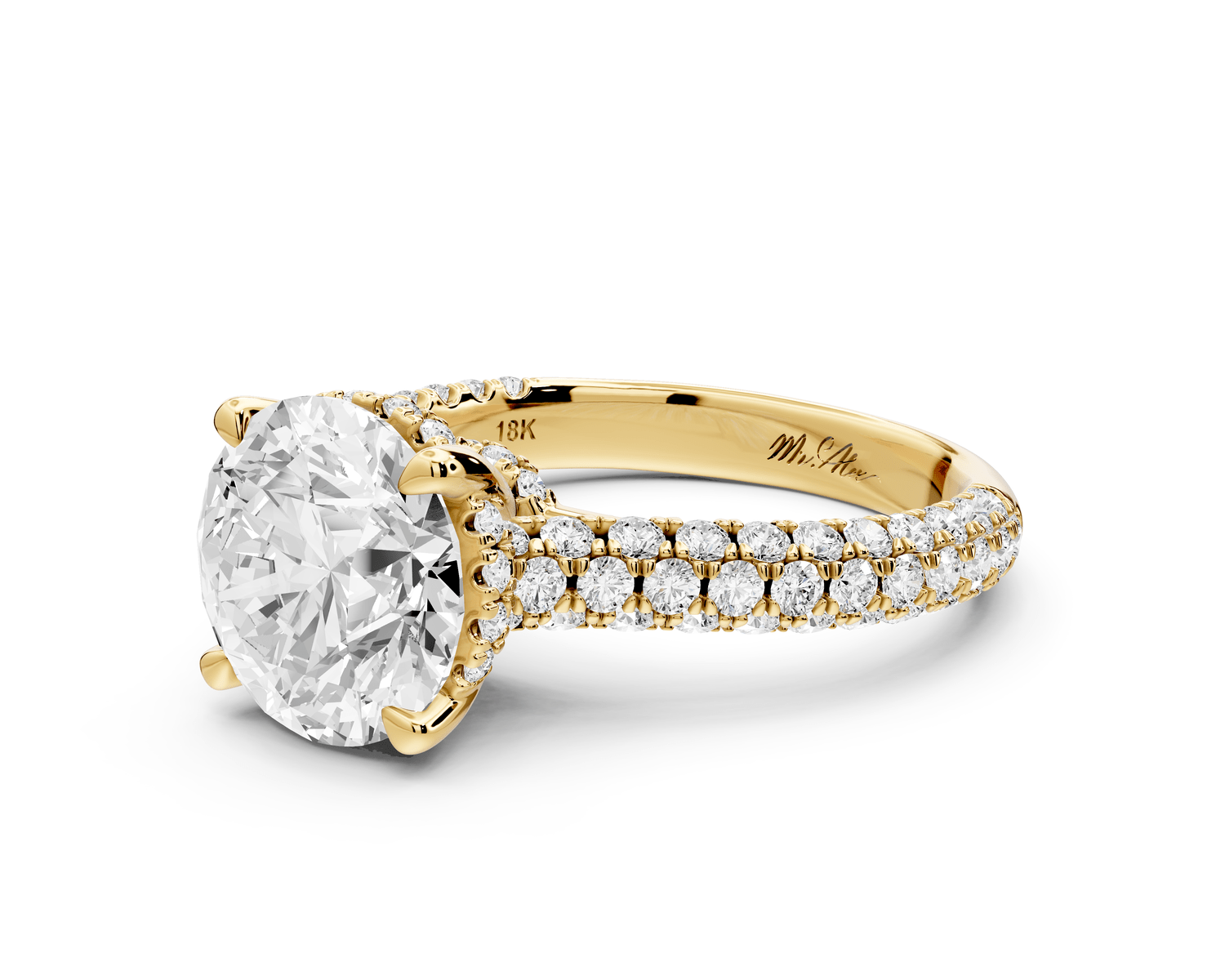Amoria - 3ct 18k yellow gold round Diamond Engagement Ring with Pavé Band & Hidden Halo - Mr. Alex Jewelry