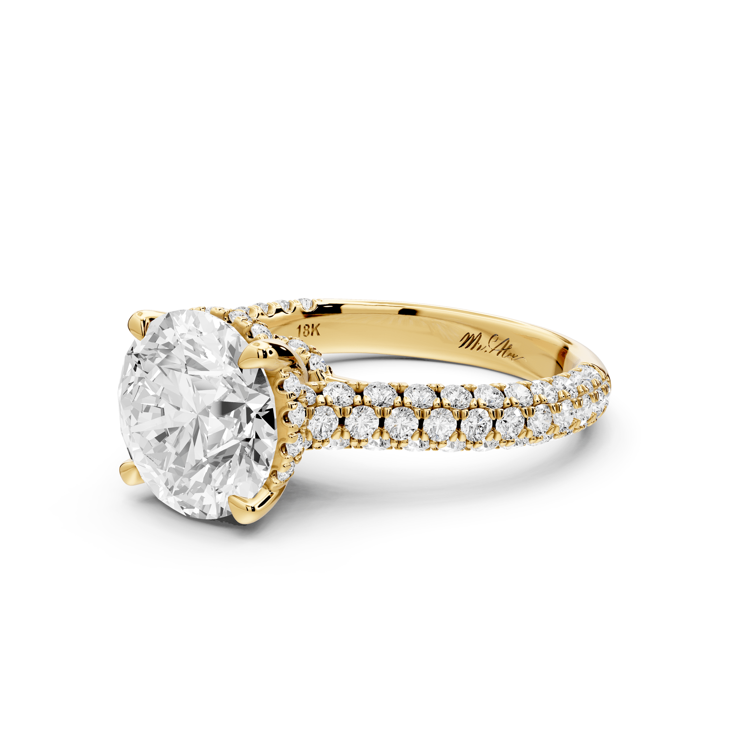 Amoria - 3ct 18k yellow gold round Diamond Engagement Ring with Pavé Band & Hidden Halo - Mr. Alex Jewelry