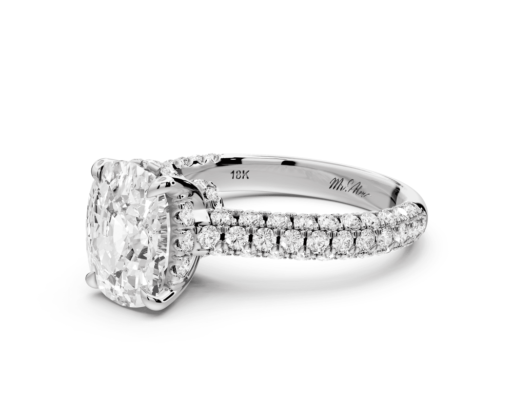 Amoria - 3ct platinum ecushion Diamond Engagement Ring with Pavé Band & Hidden Halo - Mr. Alex Jewelry