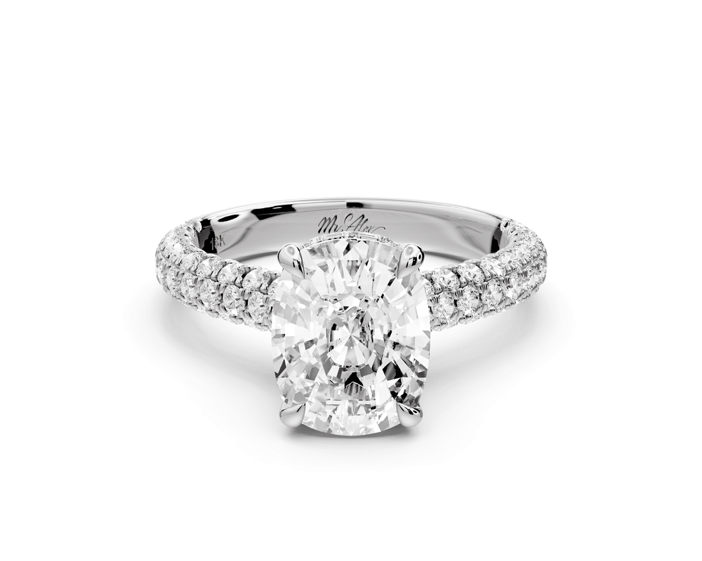 Amoria - 3ct platinum ecushion Diamond Engagement Ring with Pavé Band & Hidden Halo - Mr. Alex Jewelry