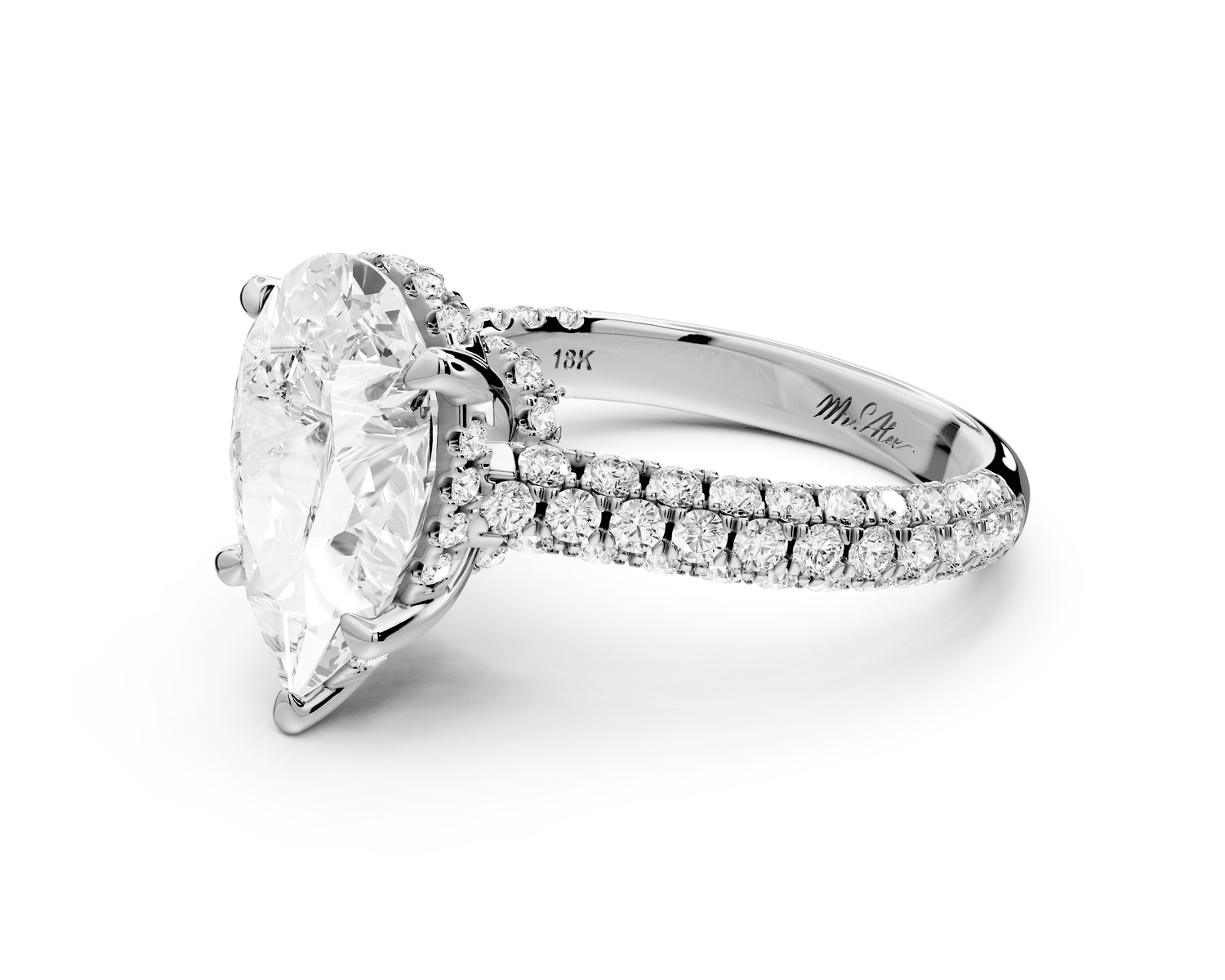 Amoria - 3ct platinum pear Diamond Engagement Ring with Pavé Band & Hidden Halo - Mr. Alex Jewelry