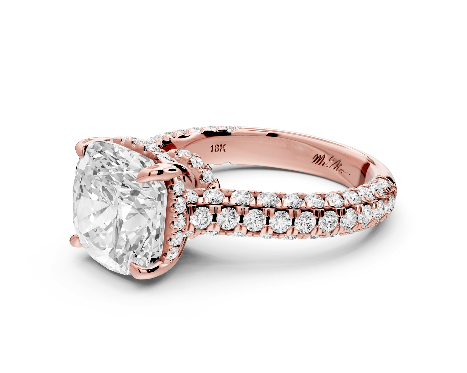 Amoria - 4ct 14k rose gold cushion Diamond Engagement Ring with Pavé Band & Hidden Halo - Mr. Alex Jewelry