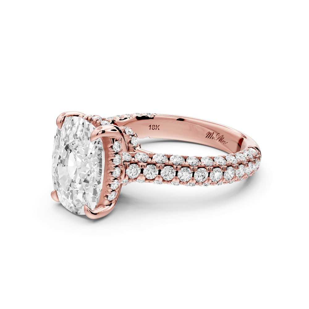 Amoria - 4ct 14k rose gold ecushion Diamond Engagement Ring with Pavé Band & Hidden Halo - Mr. Alex Jewelry