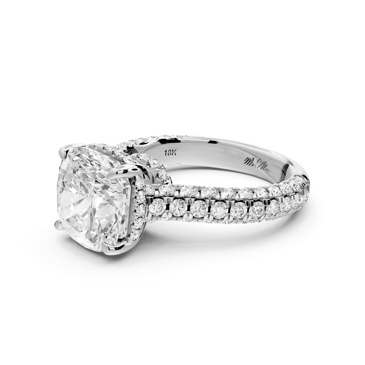 Amoria - 4ct 14k white gold cushion Diamond Engagement Ring with Pavé Band & Hidden Halo - Mr. Alex Jewelry