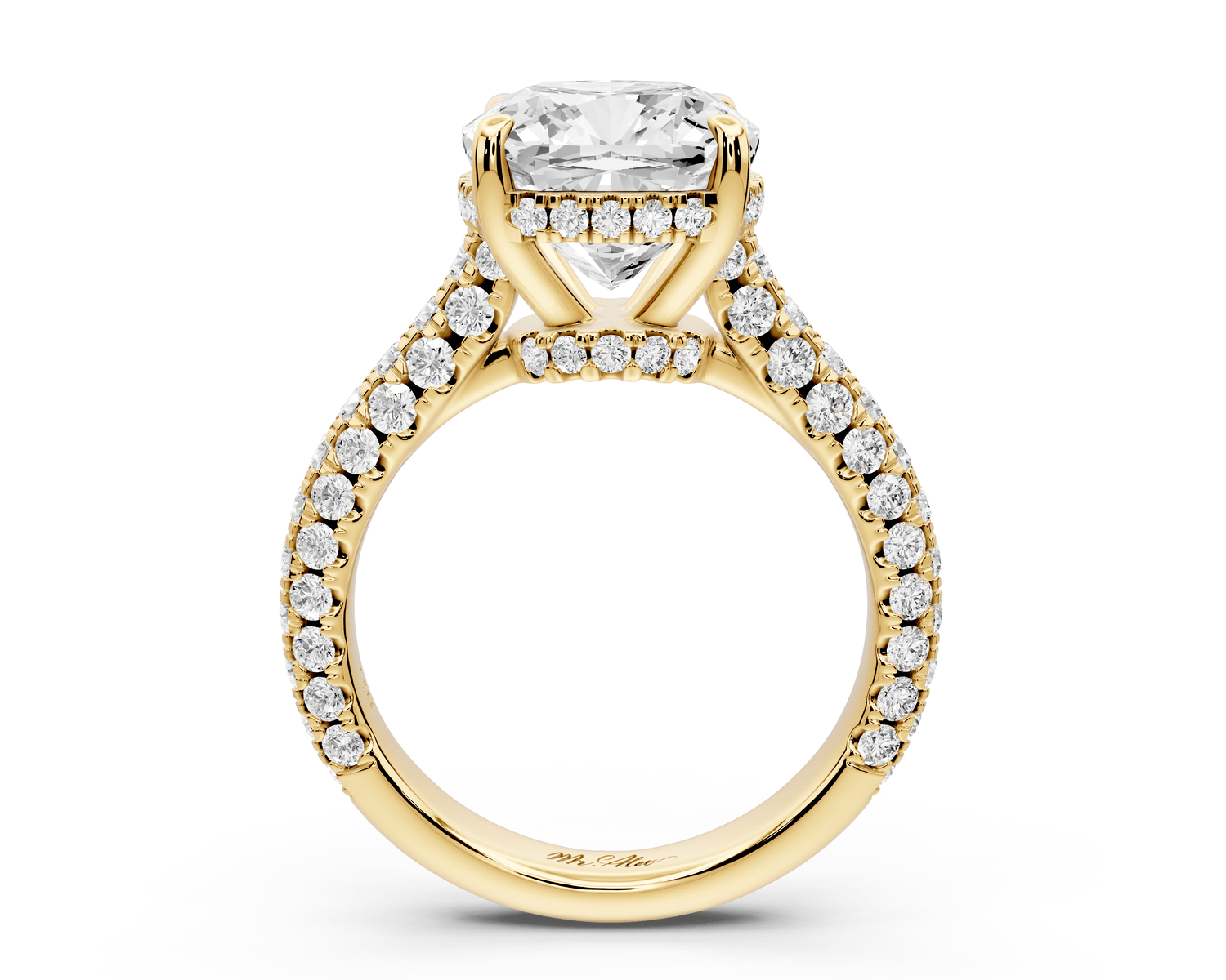 Amoria - 4ct 14k yellow gold cushion Diamond Engagement Ring with Pavé Band & Hidden Halo - Mr. Alex Jewelry