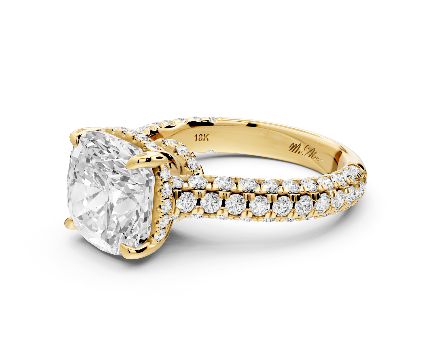 Amoria - 4ct 14k yellow gold cushion Diamond Engagement Ring with Pavé Band & Hidden Halo - Mr. Alex Jewelry