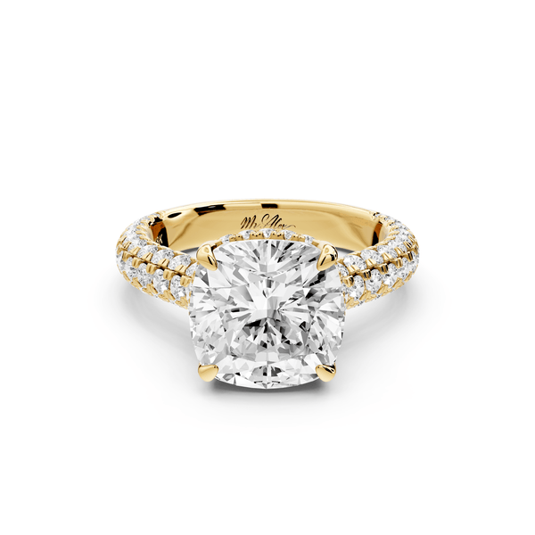 Amoria - 4ct 14k yellow gold cushion Diamond Engagement Ring with Pavé Band & Hidden Halo - Mr. Alex Jewelry