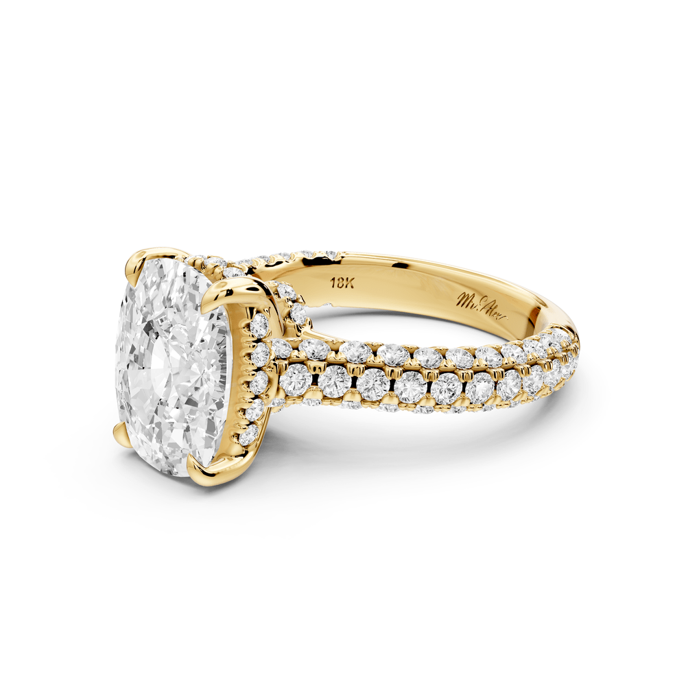 Amoria - 4ct 14k yellow gold ecushion Diamond Engagement Ring with Pavé Band & Hidden Halo - Mr. Alex Jewelry