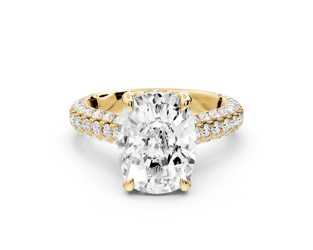 Amoria - 4ct 14k yellow gold ecushion Diamond Engagement Ring with Pavé Band & Hidden Halo - Mr. Alex Jewelry